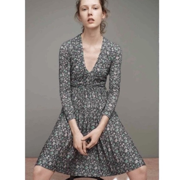 Rebecca Taylor Lavish Garden Blue Floral Print Knit V-Neck A-Line Midi Dress - 0 - Picture 3 of 15